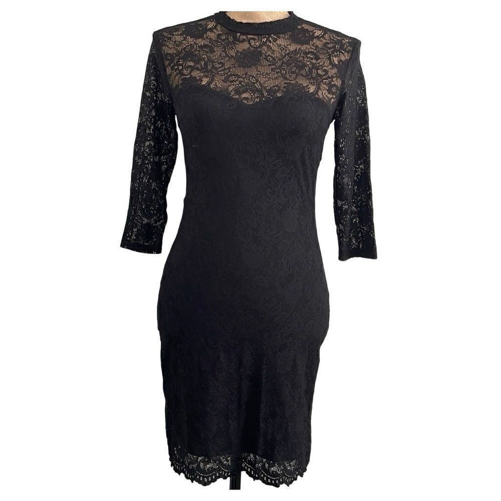 Forever 21 Black Lace Long Sleeve High Neck BodyCon Dress - Size Small/Medium